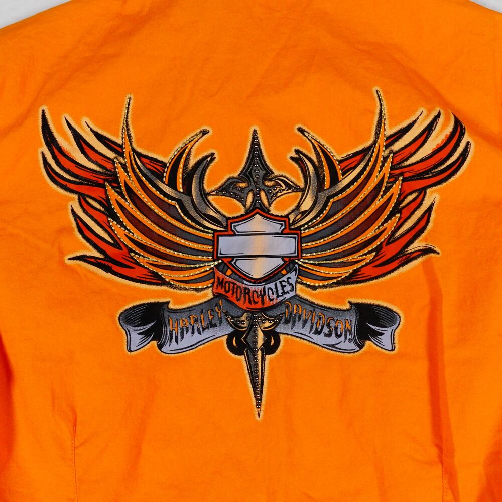 Harley Davidson Logo Back Orange Button Up Short Sleeve Shirt Women's Medium